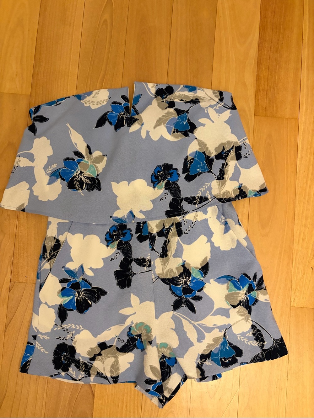 Aqua Strapless Floral Romper in Light Blue and White pockets medium zip back